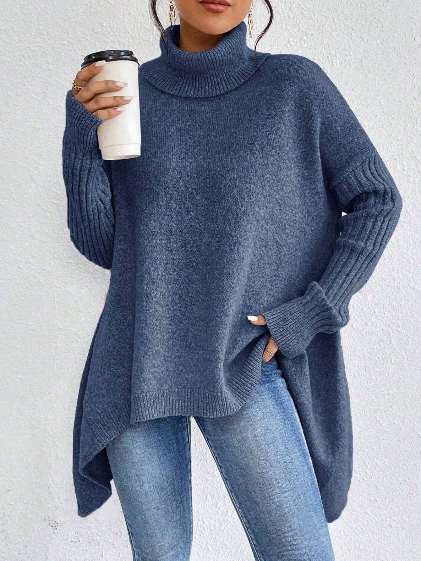 Irregular Turtleneck Sweater Winter Loose Long Sleeve Knitted Tops Leisure Warm Pullover Sweater Women's Clothing